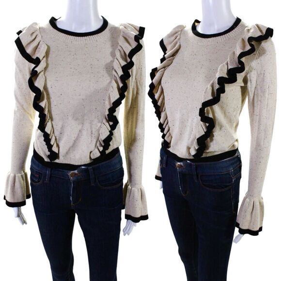 Fifth Label Ruffled Sweater Shirt Size 4 S Cropped Black Cream Preppy Victorian - Picture 2 of 15